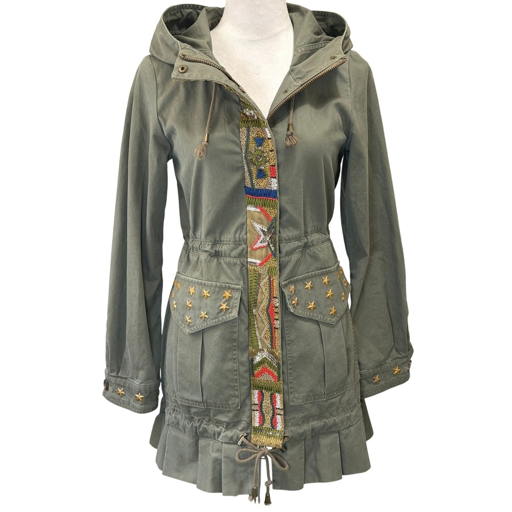 Chamonix Womens Beaded Utility Jacket Studs Military Parka Hooded Olive Green M